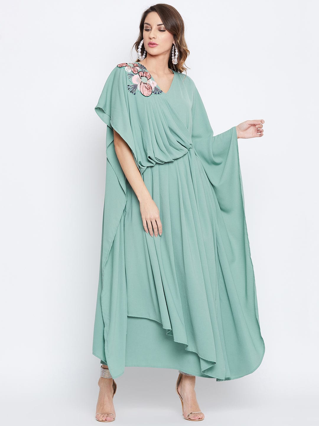The Kaftan Company Dresses Sea Green Embellished Draped Kaftan (Final Sale)