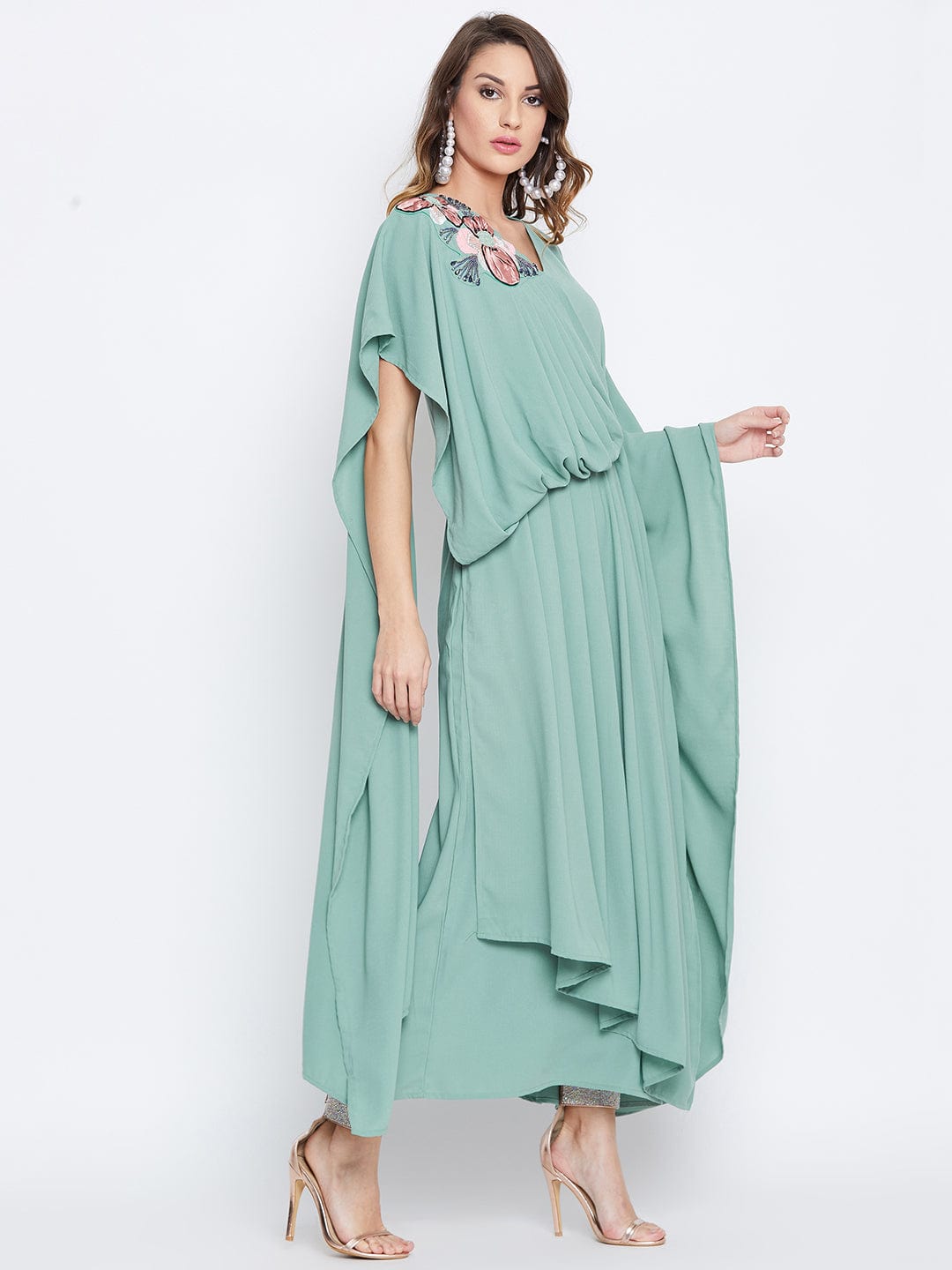 The Kaftan Company Dresses Sea Green Embellished Draped Kaftan (Final Sale)