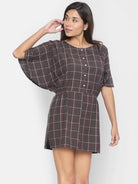 The Kaftan Company Dresses Women Taupe Checked Blouson Dress - (Clearance - Final Sale)