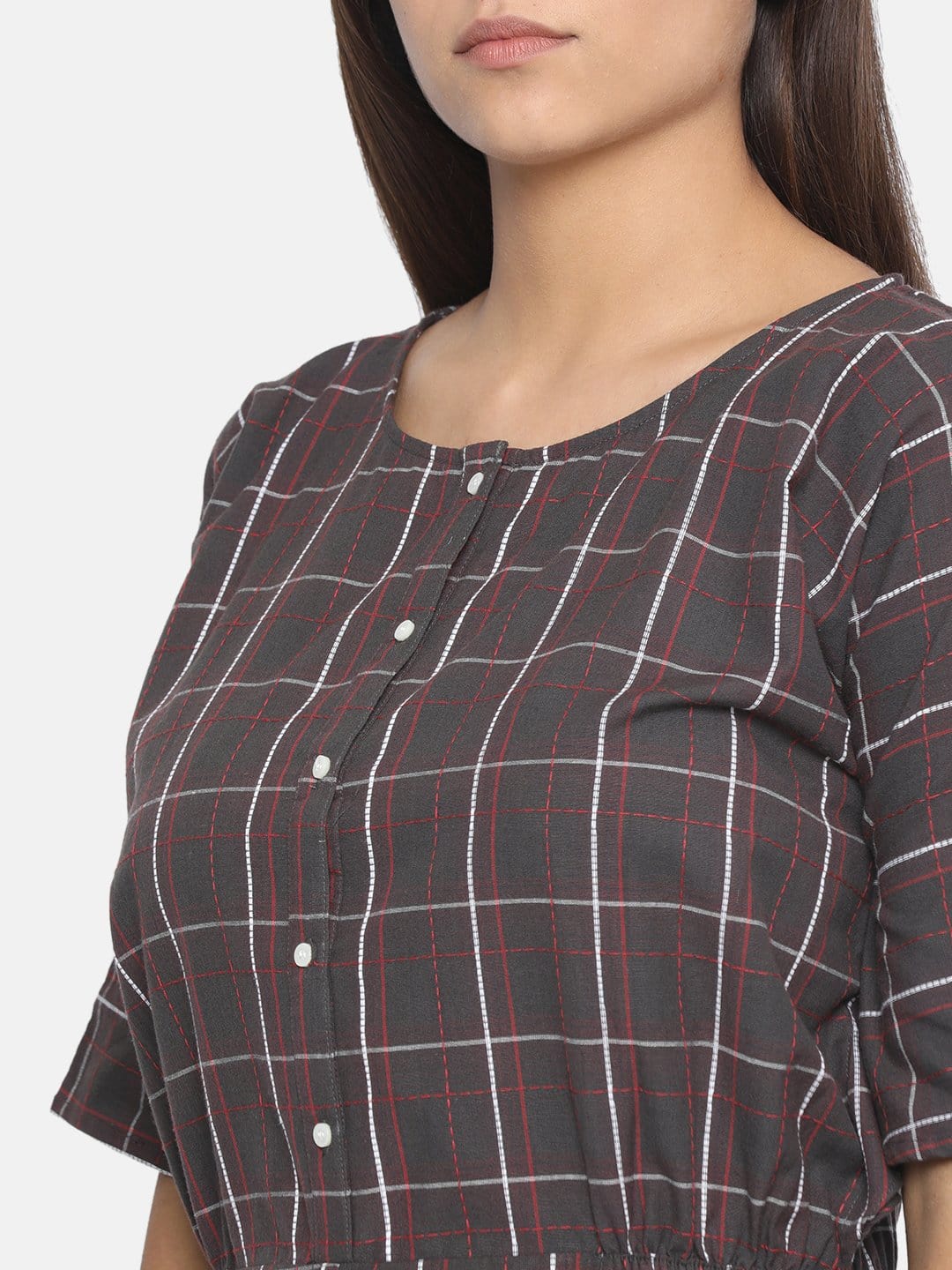 The Kaftan Company Dresses Women Taupe Checked Blouson Dress - (Clearance - Final Sale)