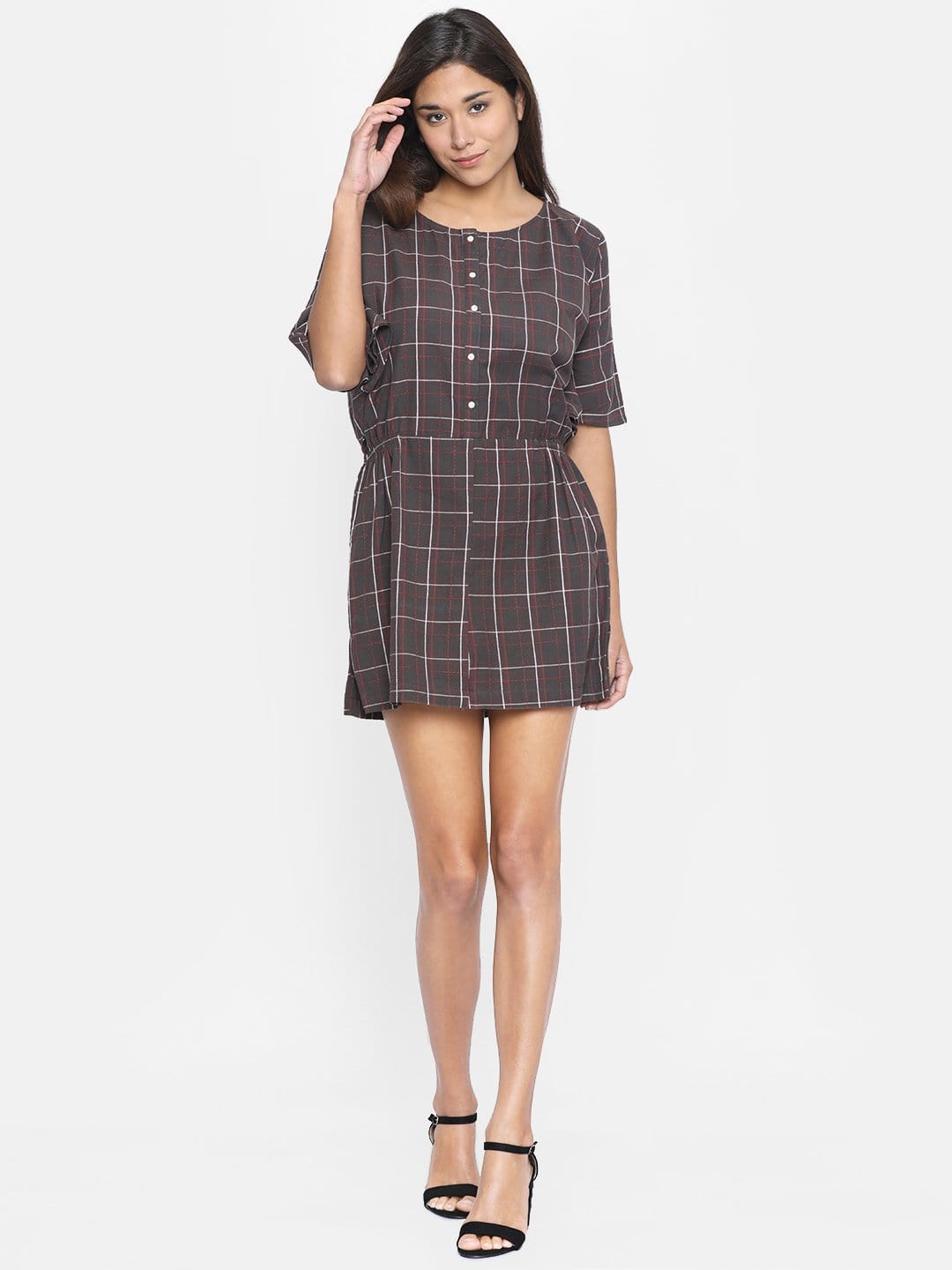 The Kaftan Company Dresses Women Taupe Checked Blouson Dress - (Clearance - Final Sale)