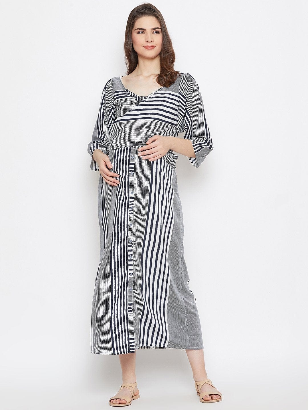 Women White Striped Fit and Flare Maternity Dress S Women White Striped Fit and Flare Maternity Dress S