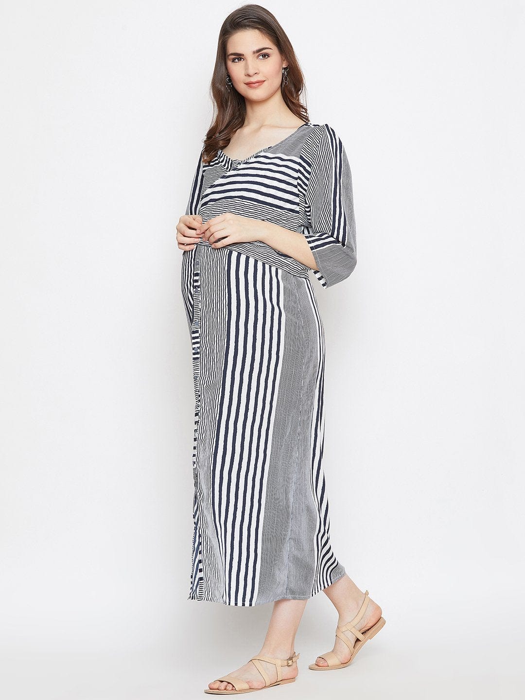 Women White Striped Fit and Flare Maternity Dress S Women White Striped Fit and Flare Maternity Dress S