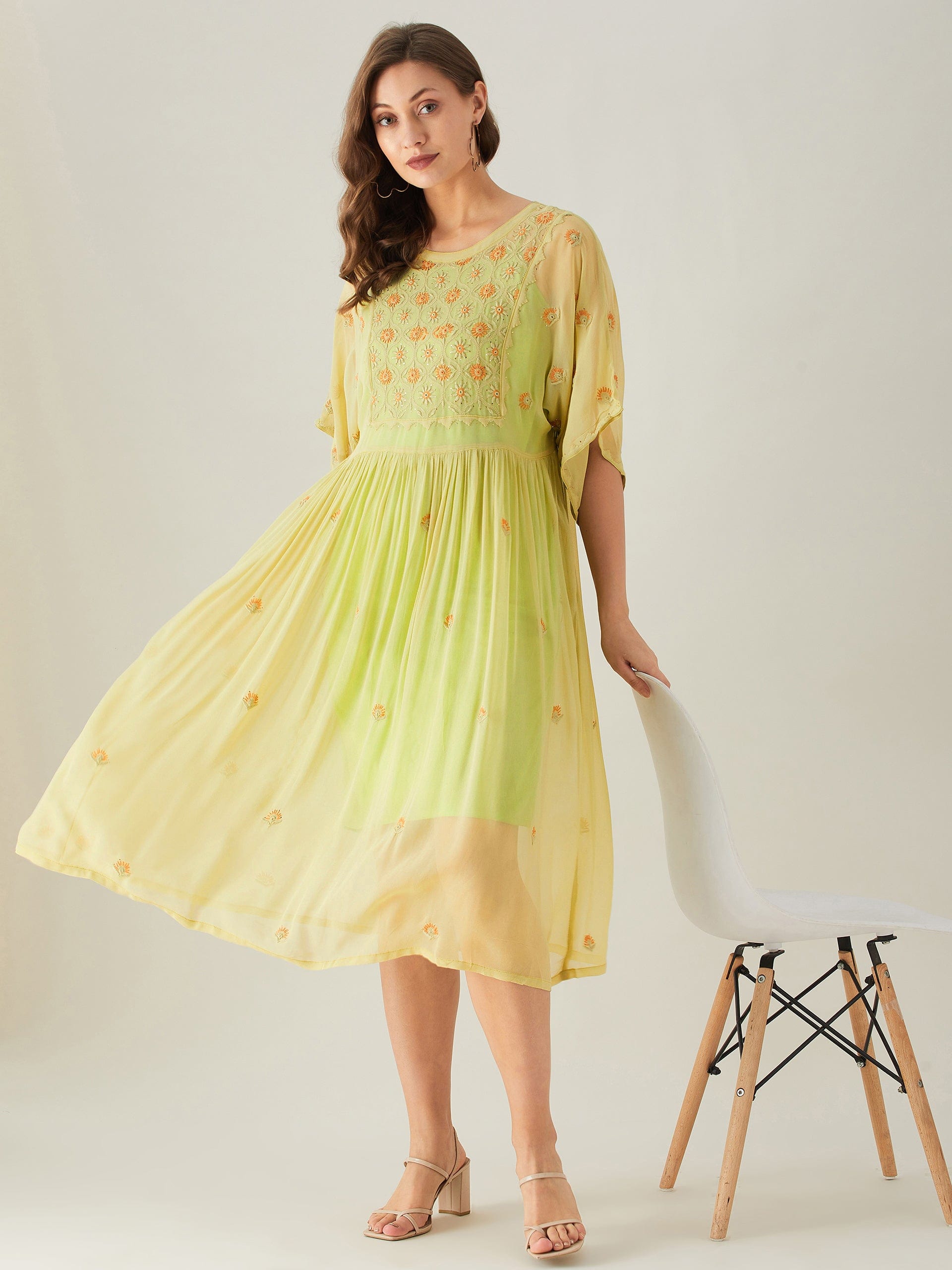 The Kaftan Company Dresses Yellow Chikankari Hand Embroidered Kaftan Dress