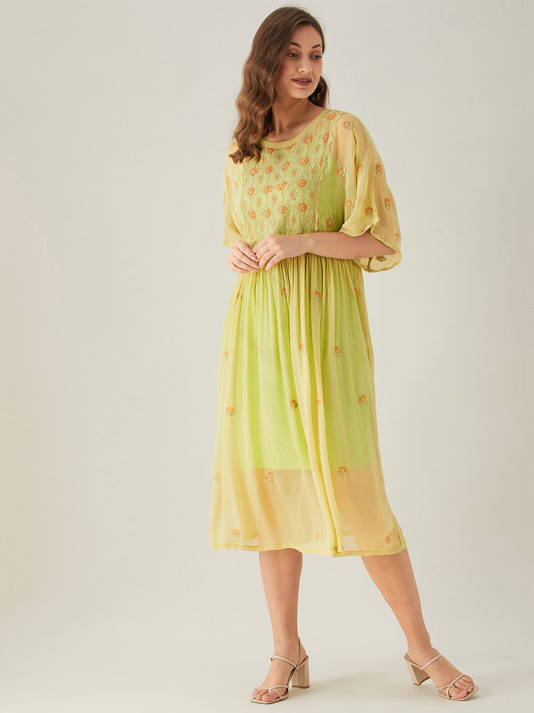 The Kaftan Company Dresses Yellow Chikankari Hand Embroidered Kaftan Dress
