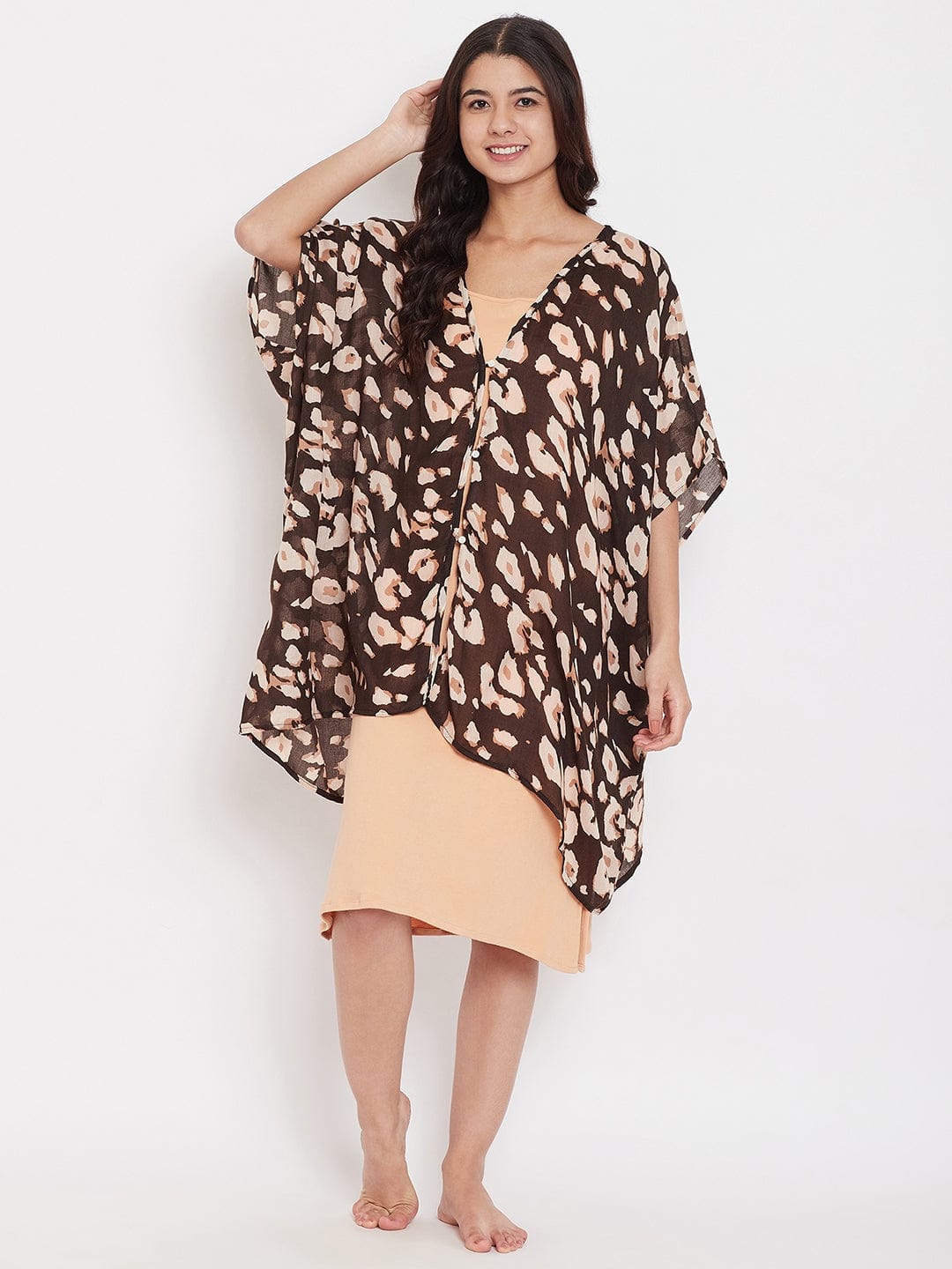The Kaftan Company Gown Set Brown Animal Print Kaftan Coverup with Slip - (Clearance - Final Sale)