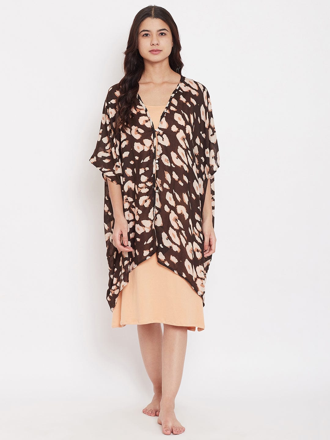 The Kaftan Company Gown Set Brown Animal Print Kaftan Coverup with Slip - (Clearance - Final Sale)