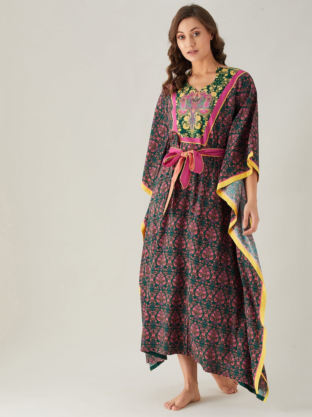 The Kaftan Company Kaftan Dark Green And Pink Floral Loungewear Kaftan