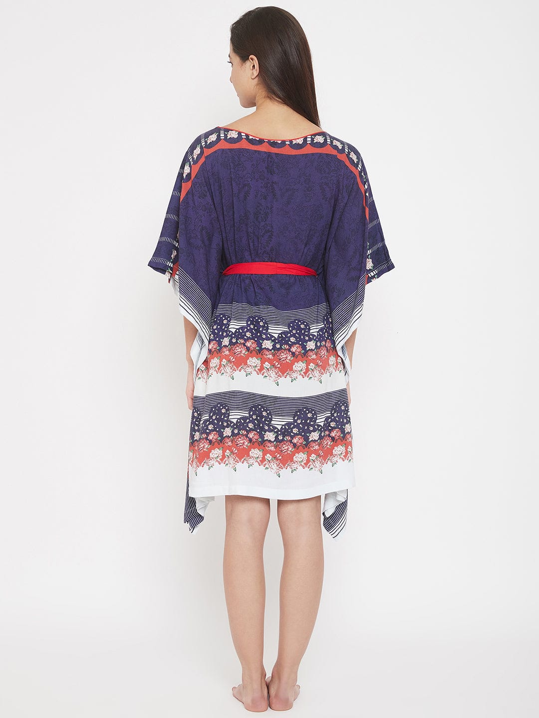 The Kaftan Company Kaftan Floral Printed Navy Blue Knee Length Kaftan with Belt (Final Sale)