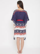 The Kaftan Company Kaftan Floral Printed Navy Blue Knee Length Kaftan with Belt (Final Sale)