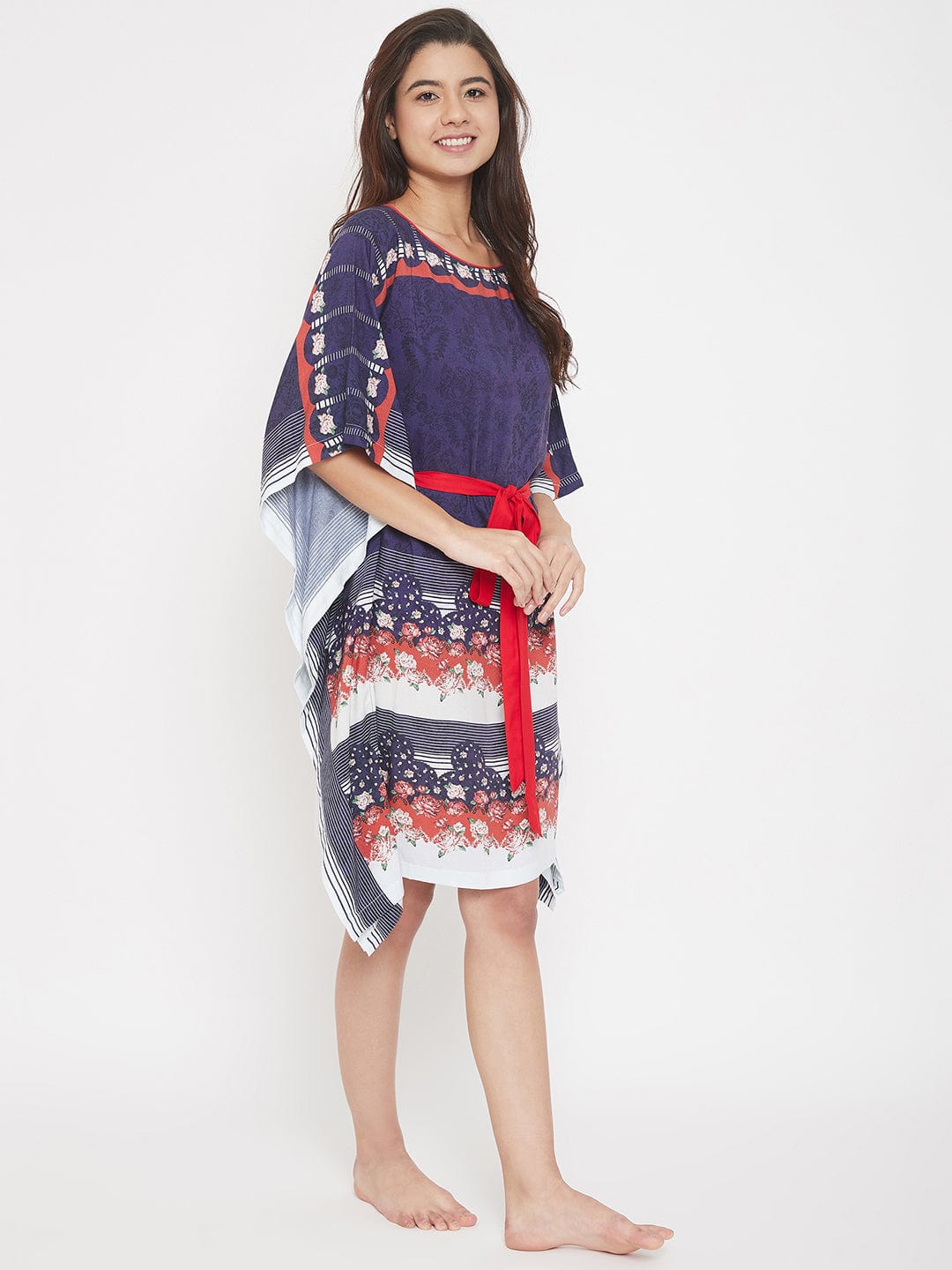 The Kaftan Company Kaftan Floral Printed Navy Blue Knee Length Kaftan with Belt (Final Sale)