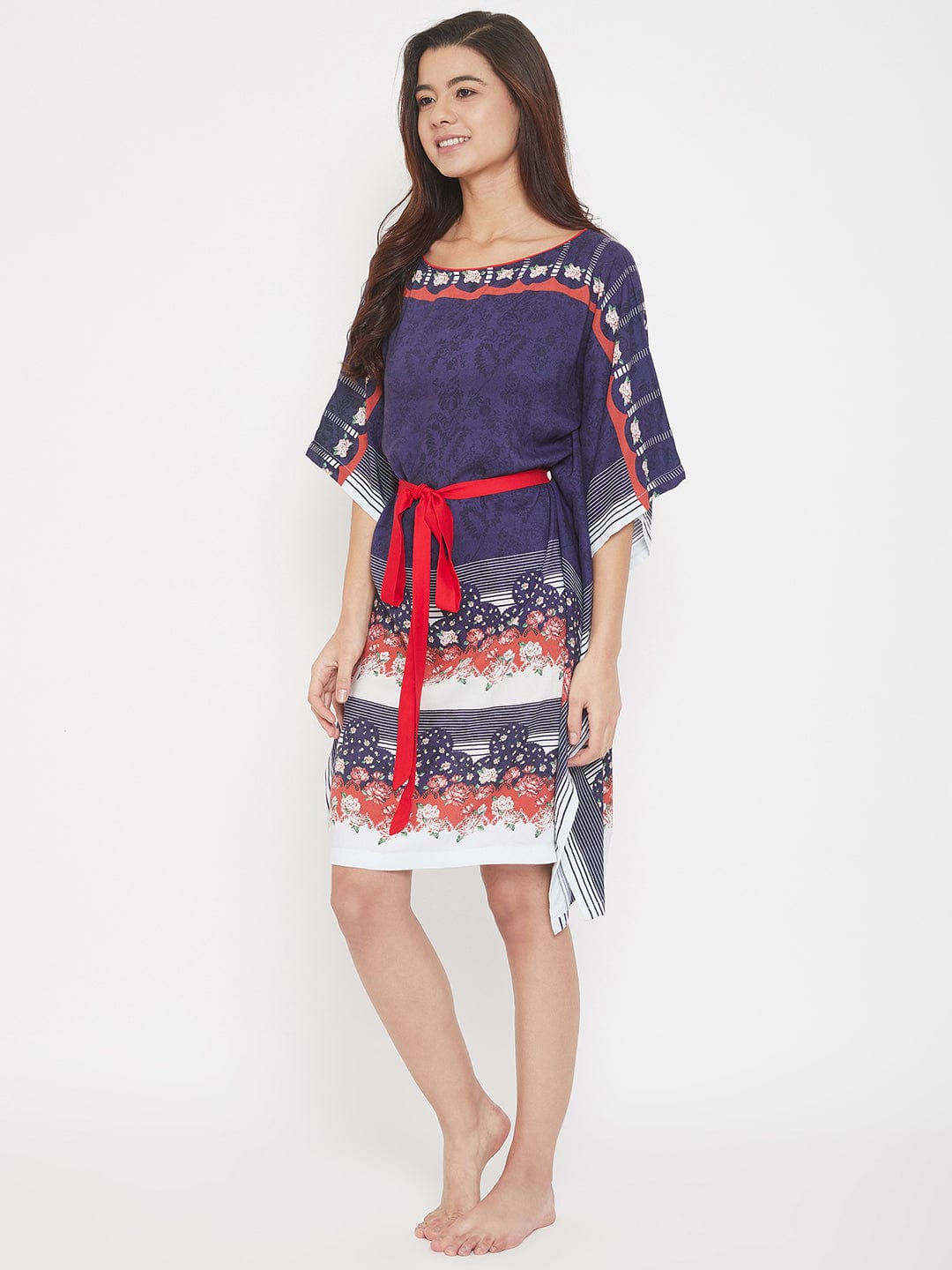 The Kaftan Company Kaftan Floral Printed Navy Blue Knee Length Kaftan with Belt (Final Sale)