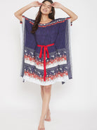 The Kaftan Company Kaftan Floral Printed Navy Blue Knee Length Kaftan with Belt (Final Sale)