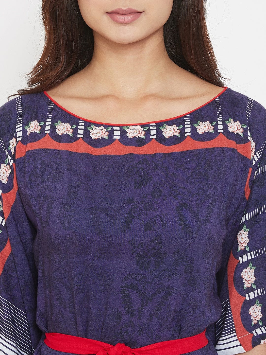 The Kaftan Company Kaftan Floral Printed Navy Blue Knee Length Kaftan with Belt (Final Sale)