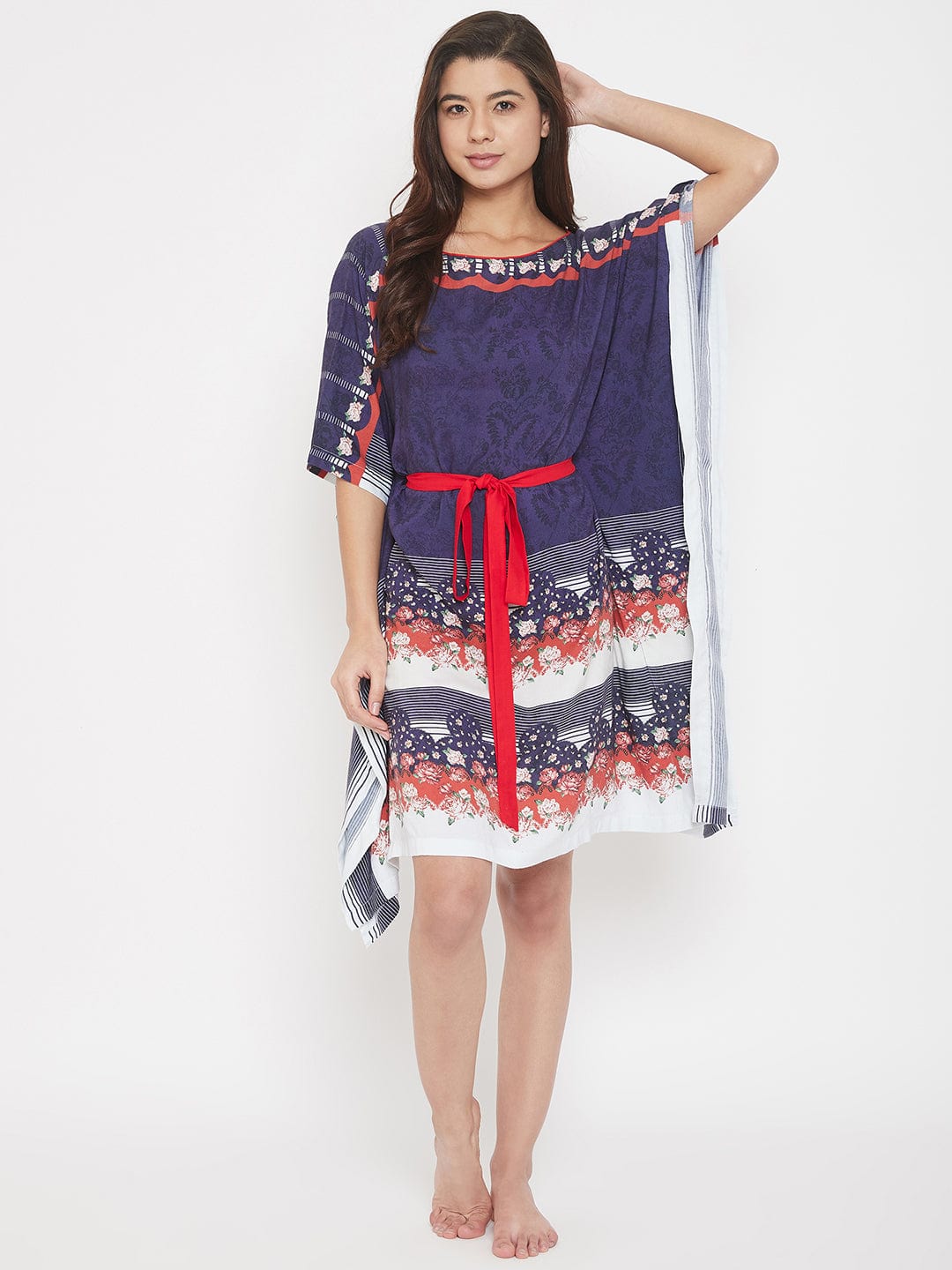 The Kaftan Company Kaftan Floral Printed Navy Blue Knee Length Kaftan with Belt (Final Sale)