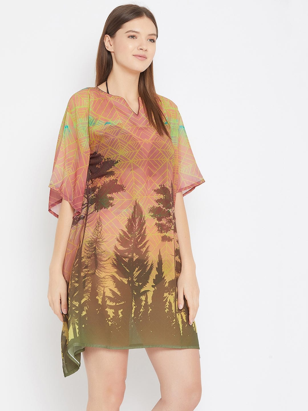 The Kaftan Company Kaftan Forest Brown Printed Kaftan Coverup -Final Sale