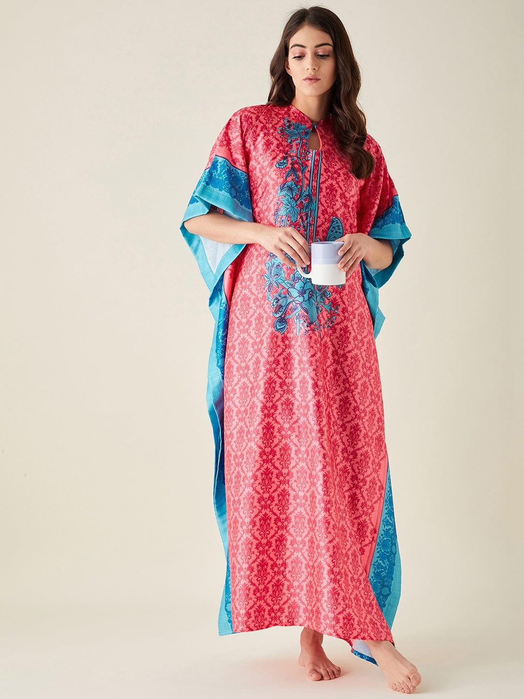 The Kaftan Company Kaftan Fuschia Fusion Floral Printed Satin Kaftan (Final Sale)