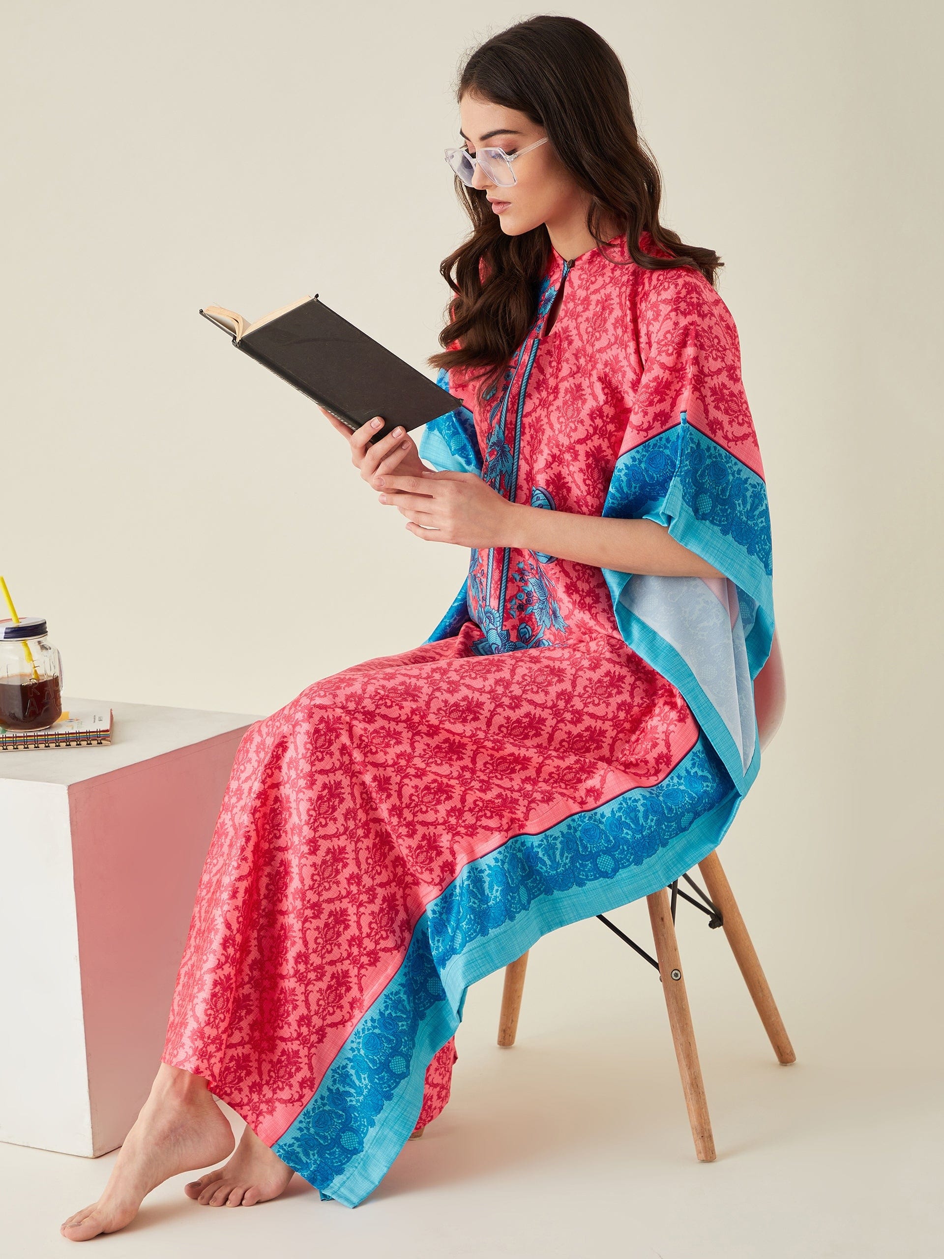 The Kaftan Company Kaftan Fuschia Fusion Floral Printed Satin Kaftan (Final Sale)