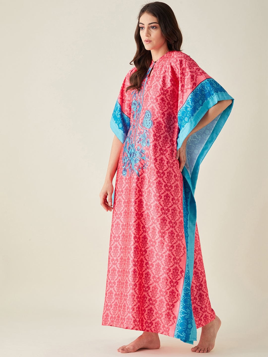 The Kaftan Company Kaftan Fuschia Fusion Floral Printed Satin Kaftan (Final Sale)
