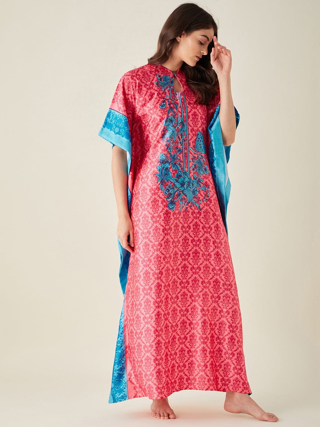 The Kaftan Company Kaftan Fuschia Fusion Floral Printed Satin Kaftan (Final Sale)