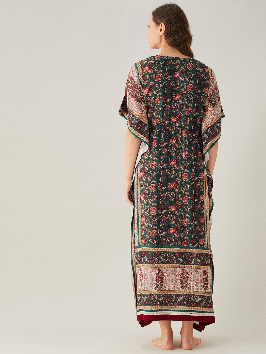 The Kaftan Company Kaftan Green And Red Florets Maternity and Feeding Kaftan