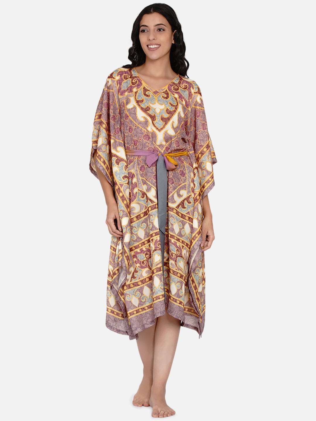 The Kaftan Company Kaftan Mauve Persian Ornamental Satin Kaftan - (Clearance - Final Sale)