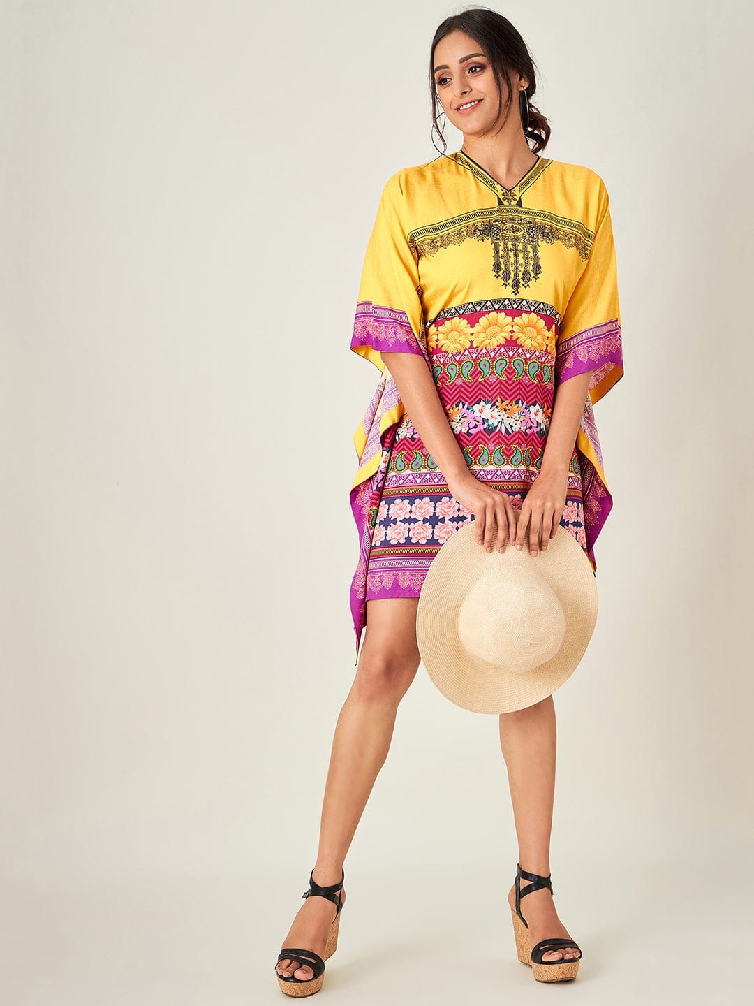 The Kaftan Company Kaftan Mustard Yellow Decorated Resort Dress