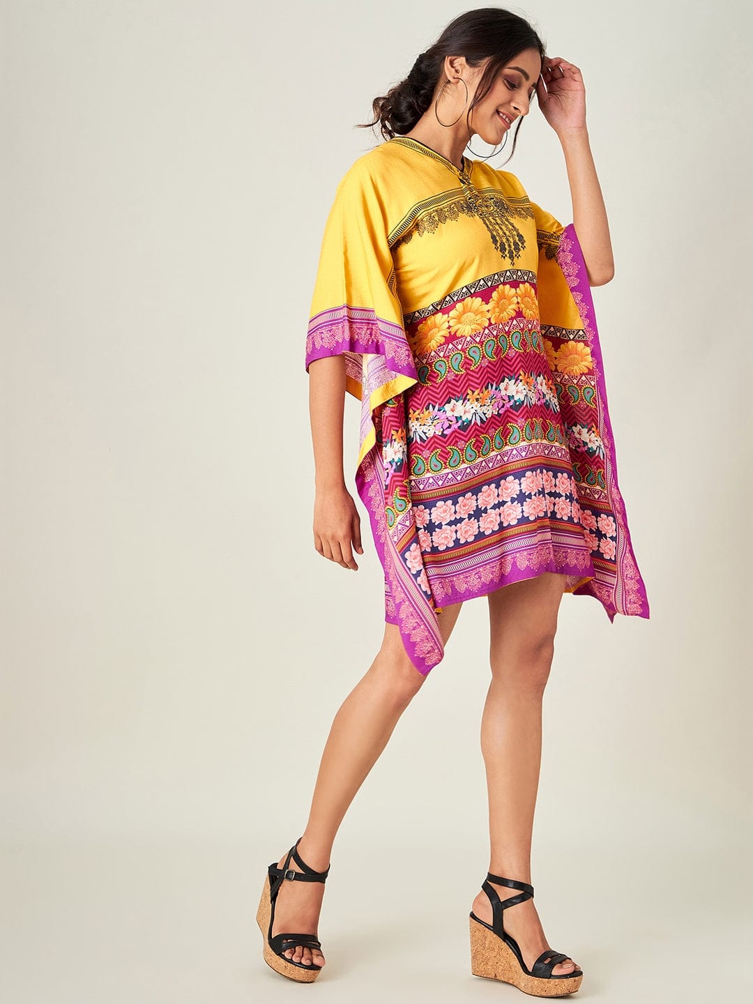The Kaftan Company Kaftan Mustard Yellow Decorated Resort Dress