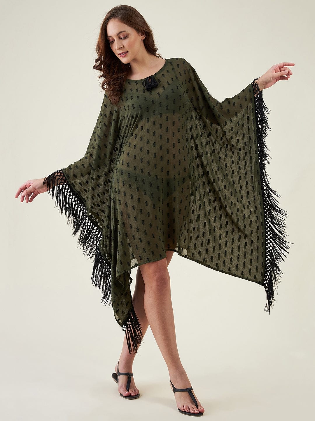 The Kaftan Company Kaftan Olive Green And Black Resort Kaftan