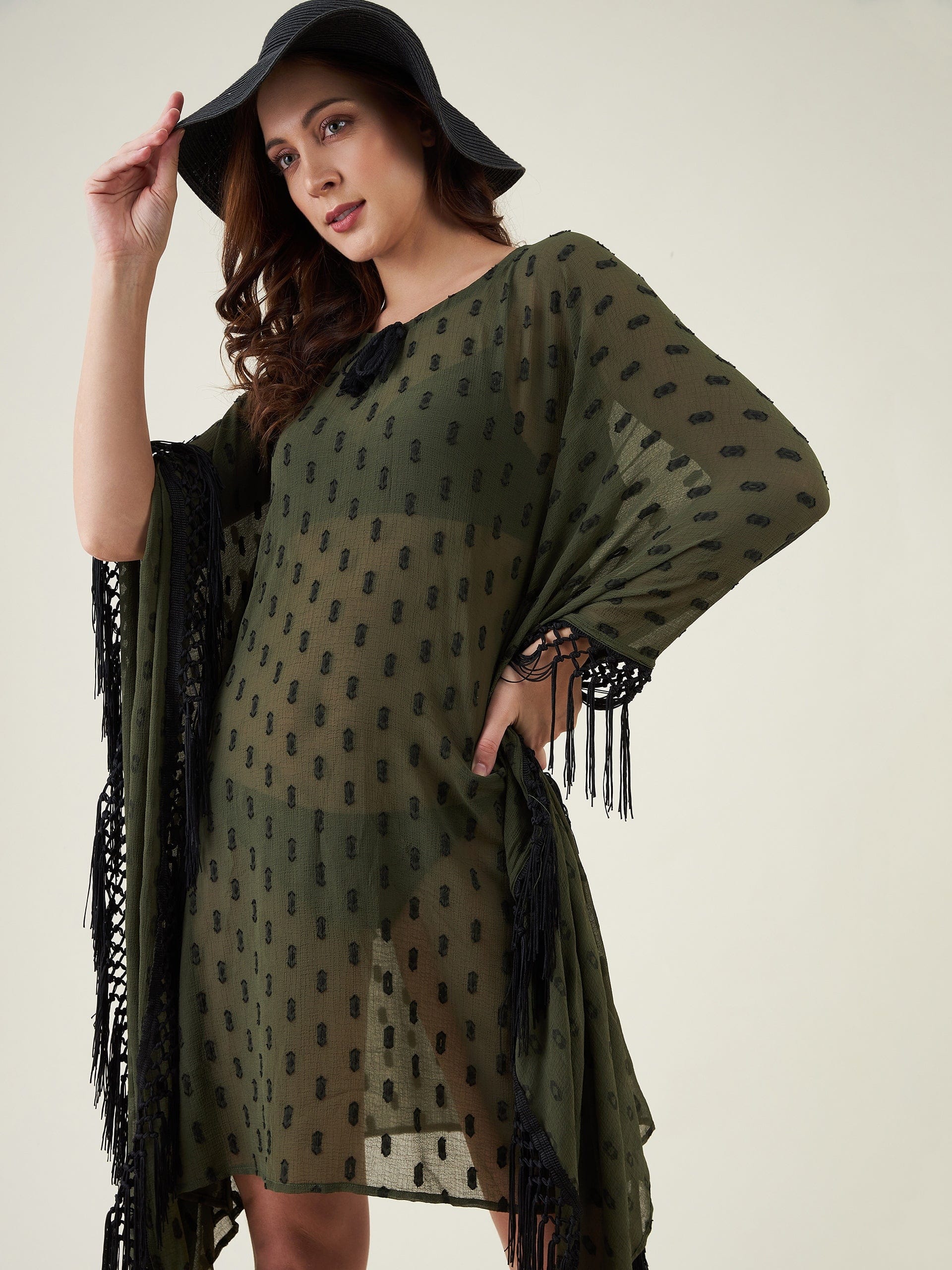 The Kaftan Company Kaftan Olive Green And Black Resort Kaftan