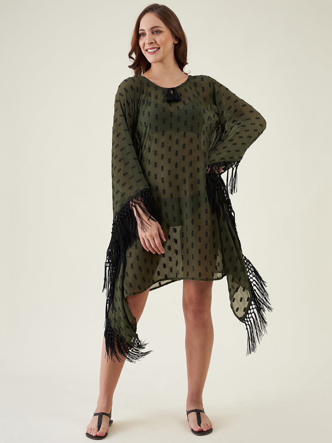 The Kaftan Company Kaftan Olive Green And Black Resort Kaftan