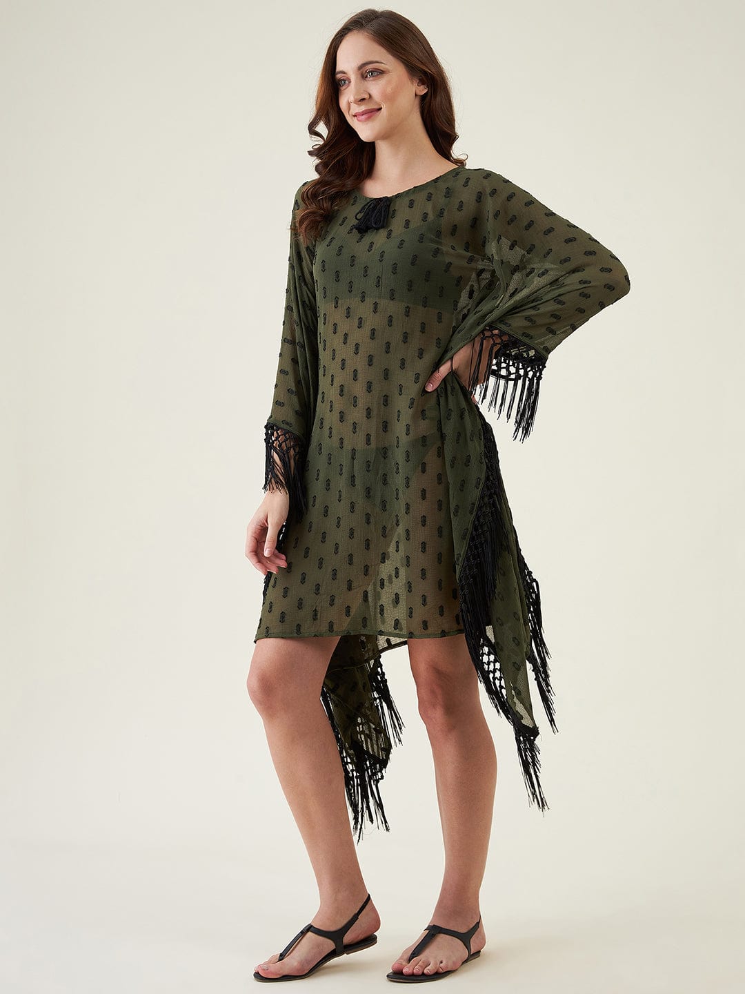 The Kaftan Company Kaftan Olive Green And Black Resort Kaftan