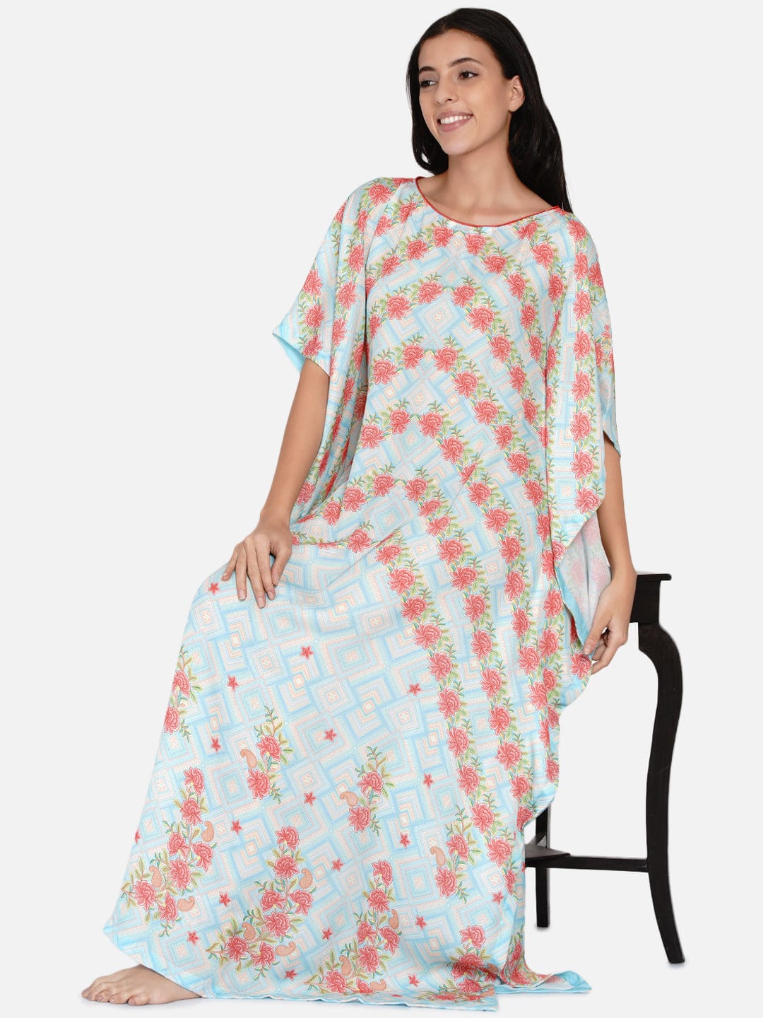 The Kaftan Company Kaftan Pastel Blue Rose Vine Kaftan - (Clearance - Final Sale)