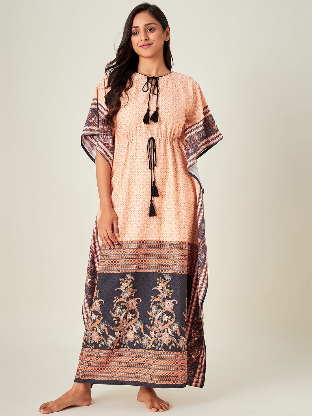 The Kaftan Company Kaftan Peach Tinge Geometric Loungewear Kaftan (Final Sale)