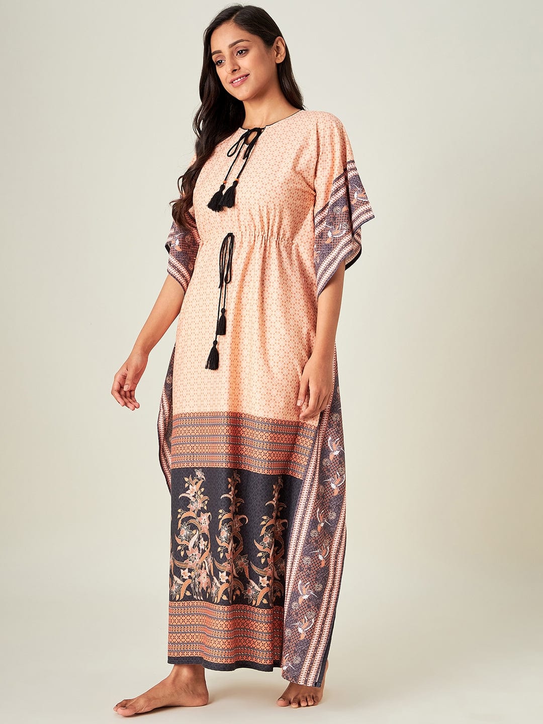 The Kaftan Company Kaftan Peach Tinge Geometric Loungewear Kaftan (Final Sale)