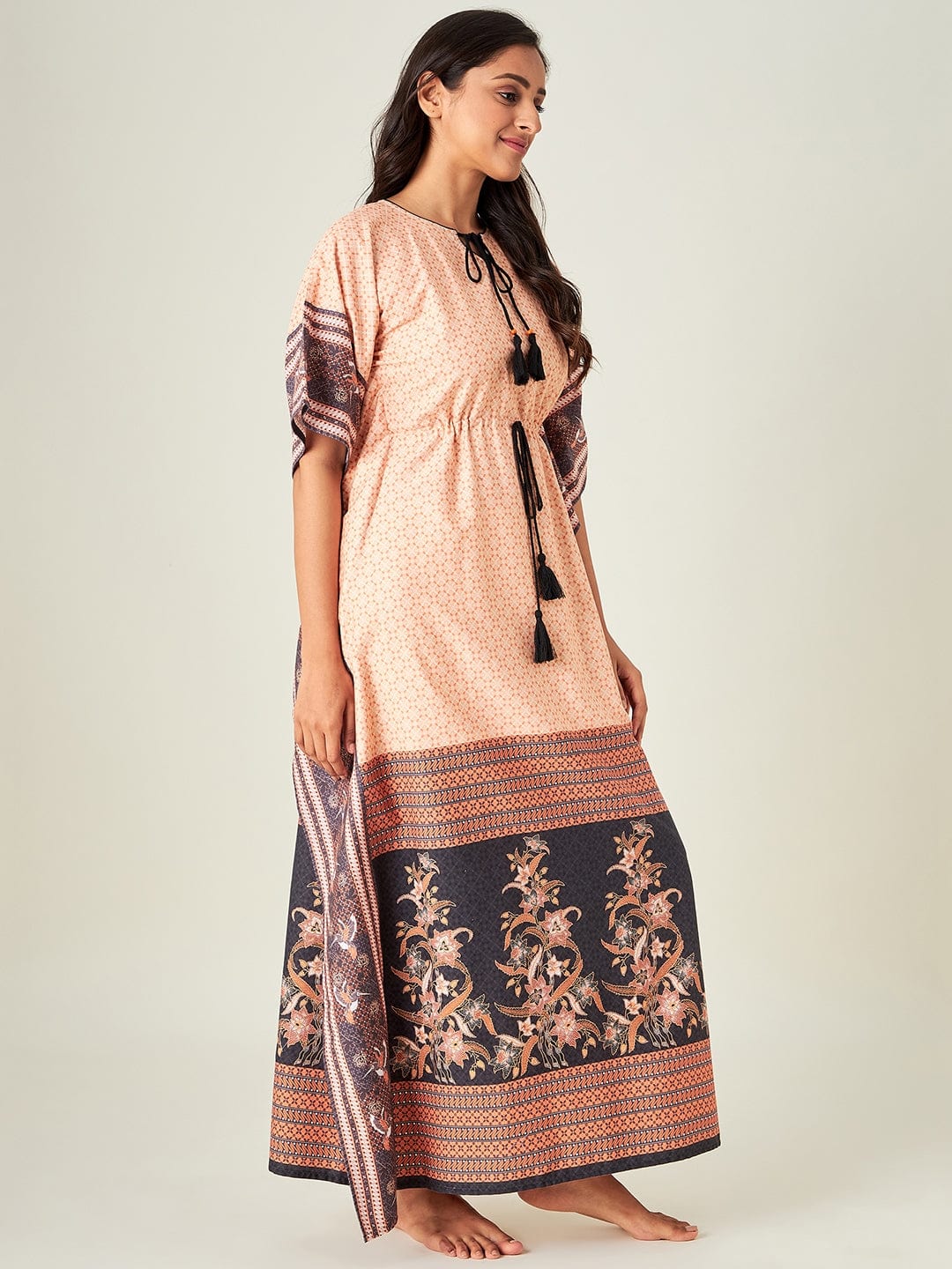 The Kaftan Company Kaftan Peach Tinge Geometric Loungewear Kaftan (Final Sale)