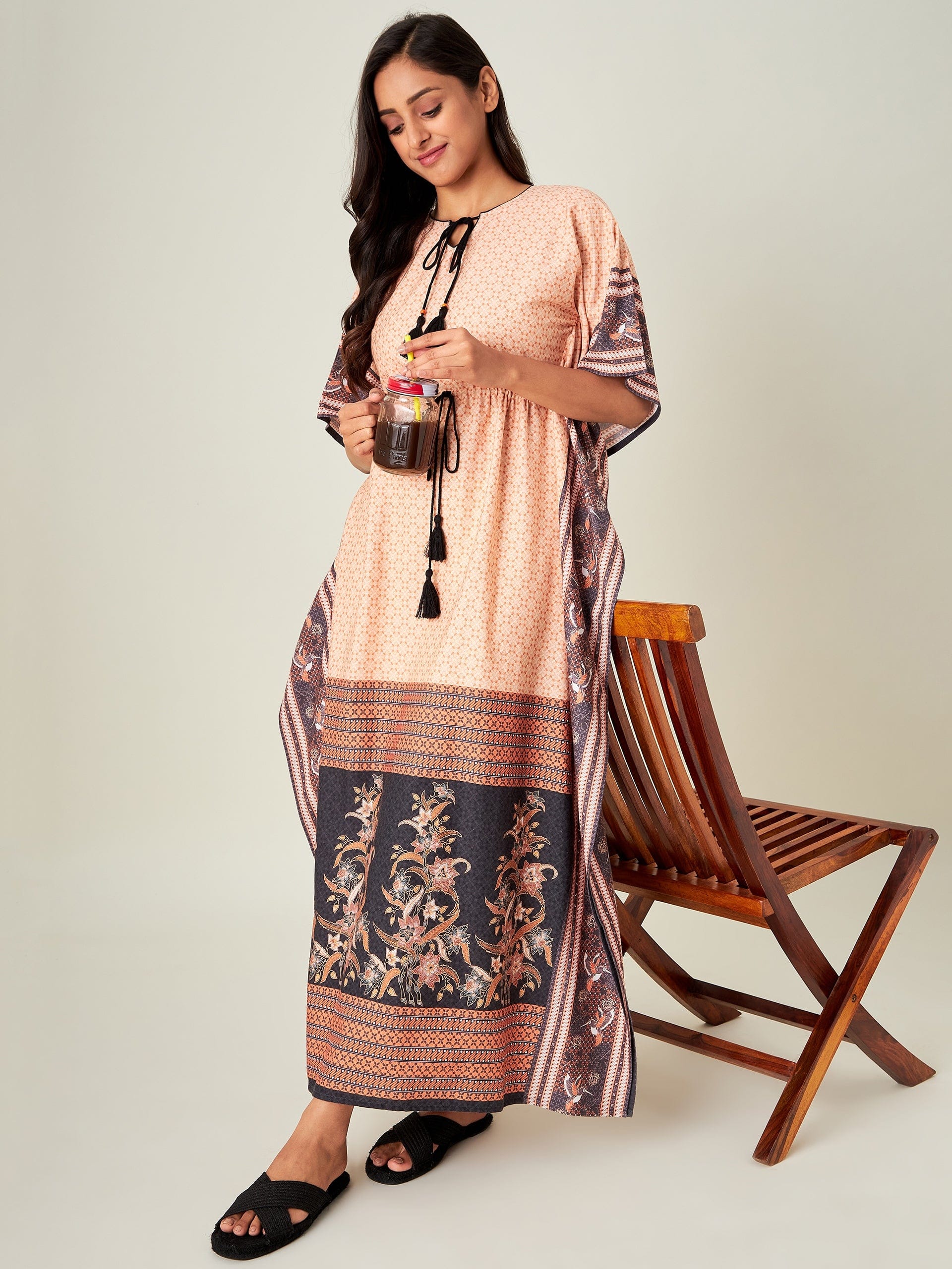 The Kaftan Company Kaftan Peach Tinge Geometric Loungewear Kaftan (Final Sale)