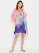 The Kaftan Company Kaftan Pink and Blue Cityscape Georgette Resort Kaftan