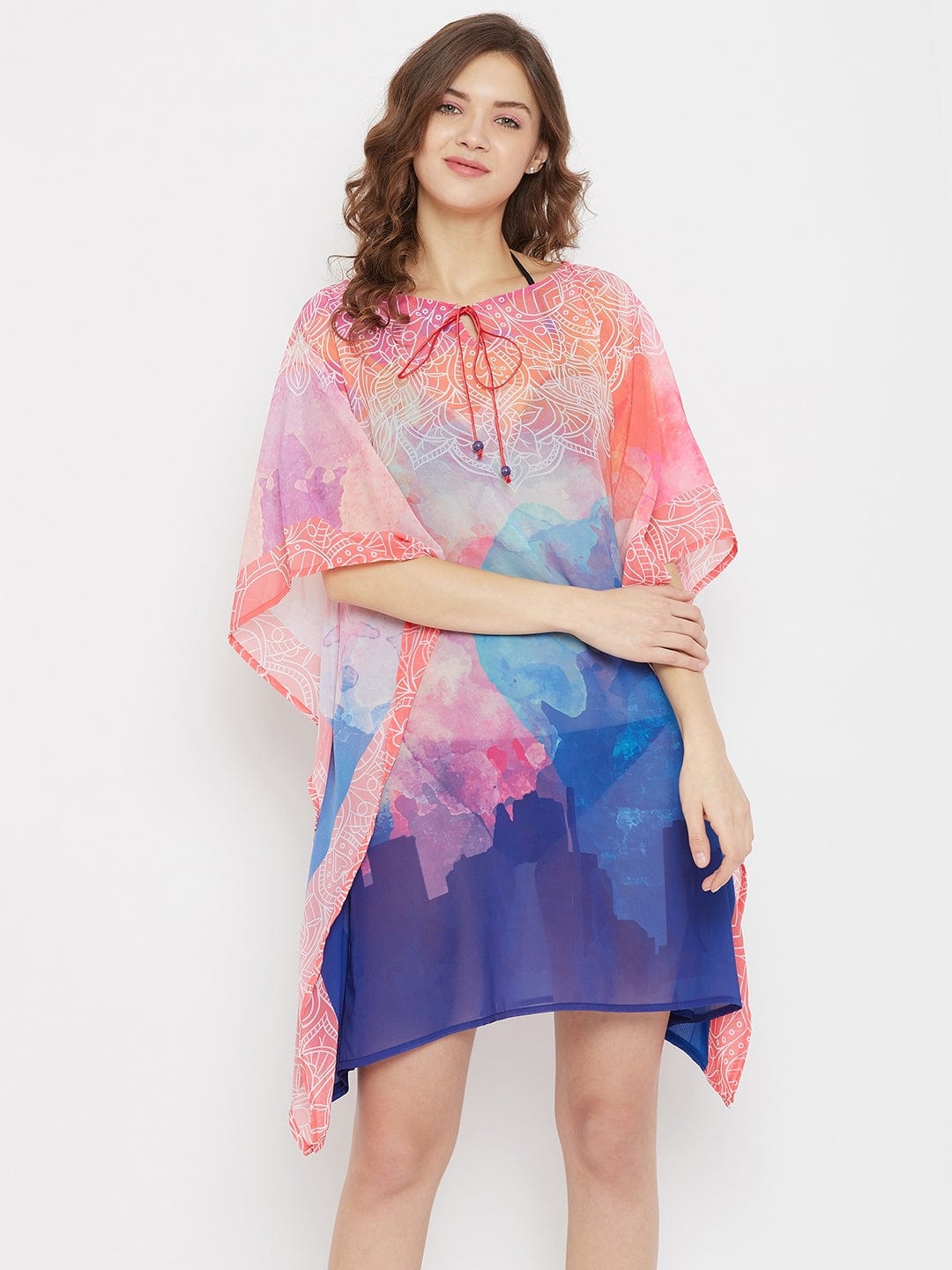 The Kaftan Company Kaftan Pink and Blue Cityscape Georgette Resort Kaftan