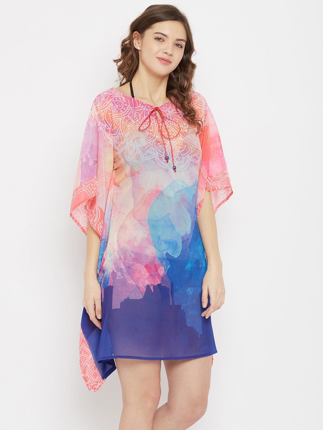 The Kaftan Company Kaftan Pink and Blue Cityscape Georgette Resort Kaftan