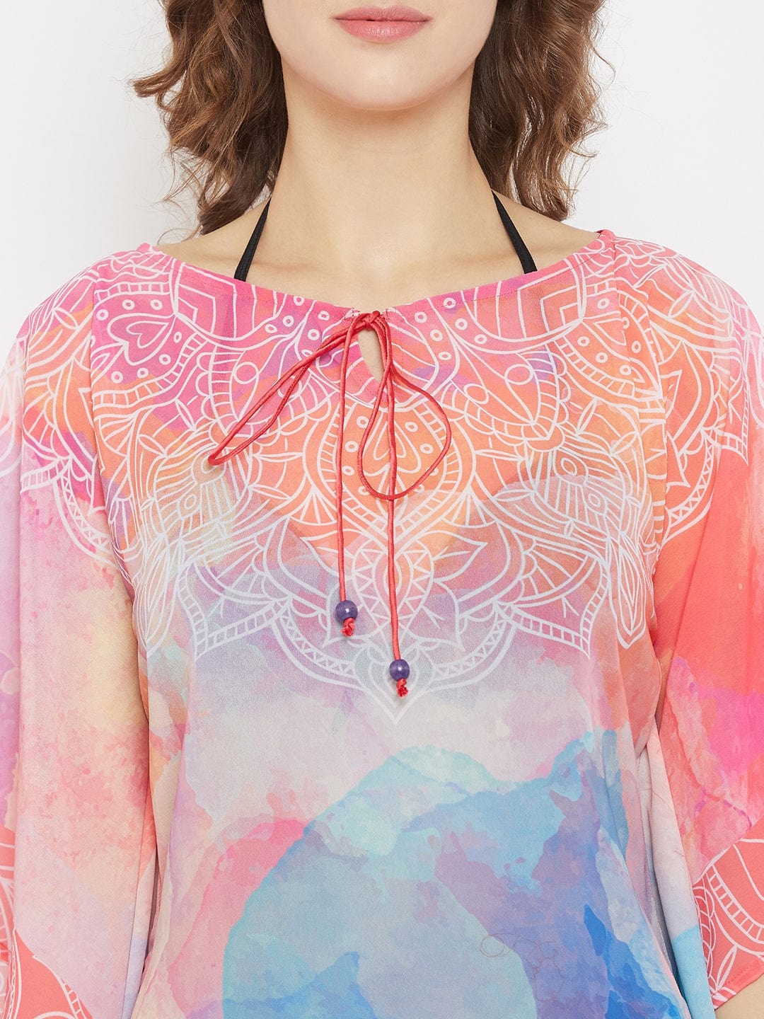 The Kaftan Company Kaftan Pink and Blue Cityscape Georgette Resort Kaftan