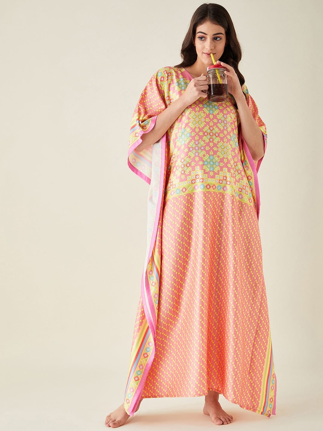 The Kaftan Company Kaftan Pink Geometric Printed Satin Kaftan