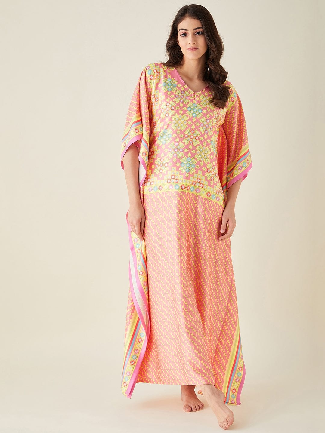 The Kaftan Company Kaftan Pink Geometric Printed Satin Kaftan