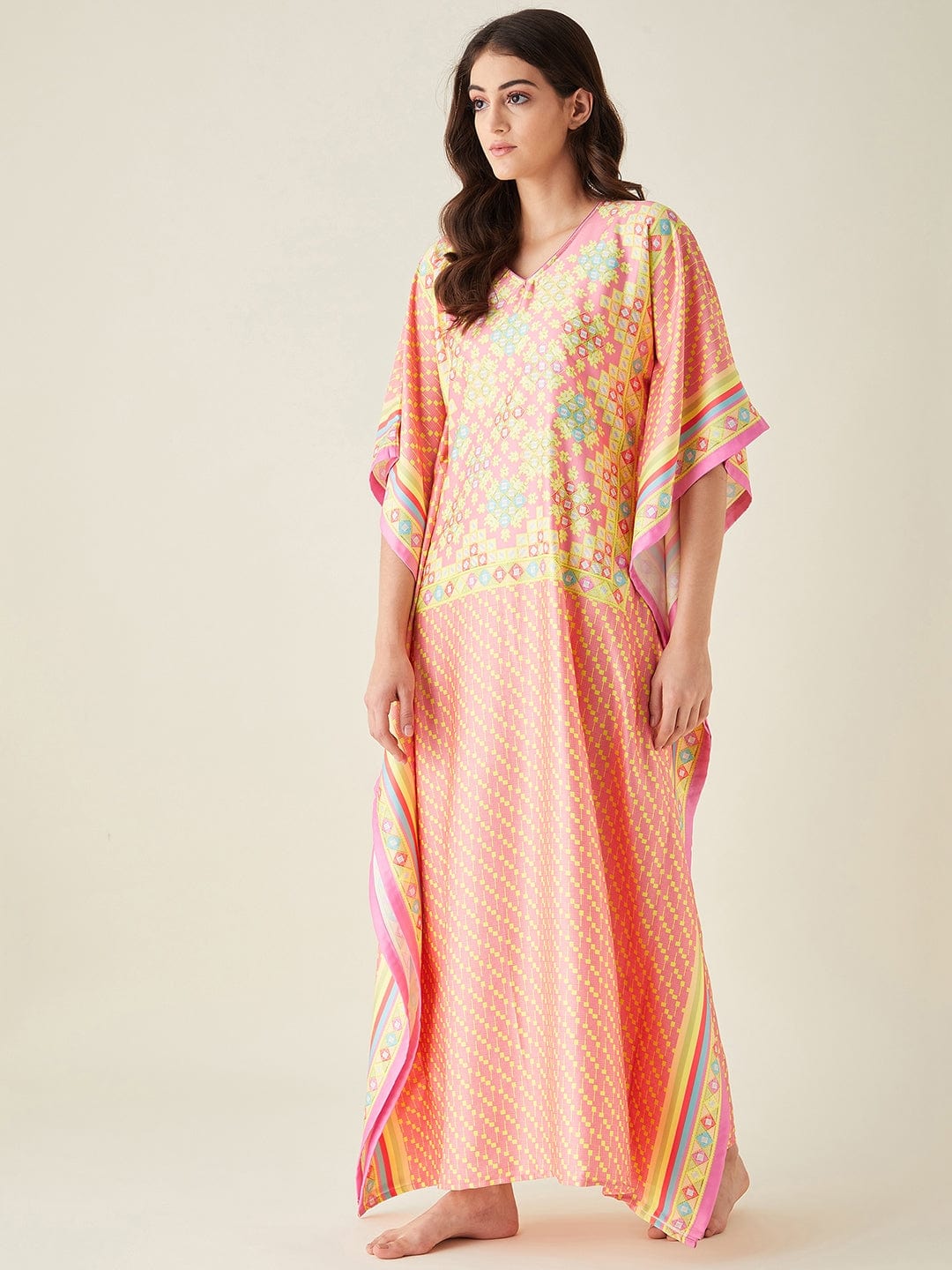 The Kaftan Company Kaftan Pink Geometric Printed Satin Kaftan