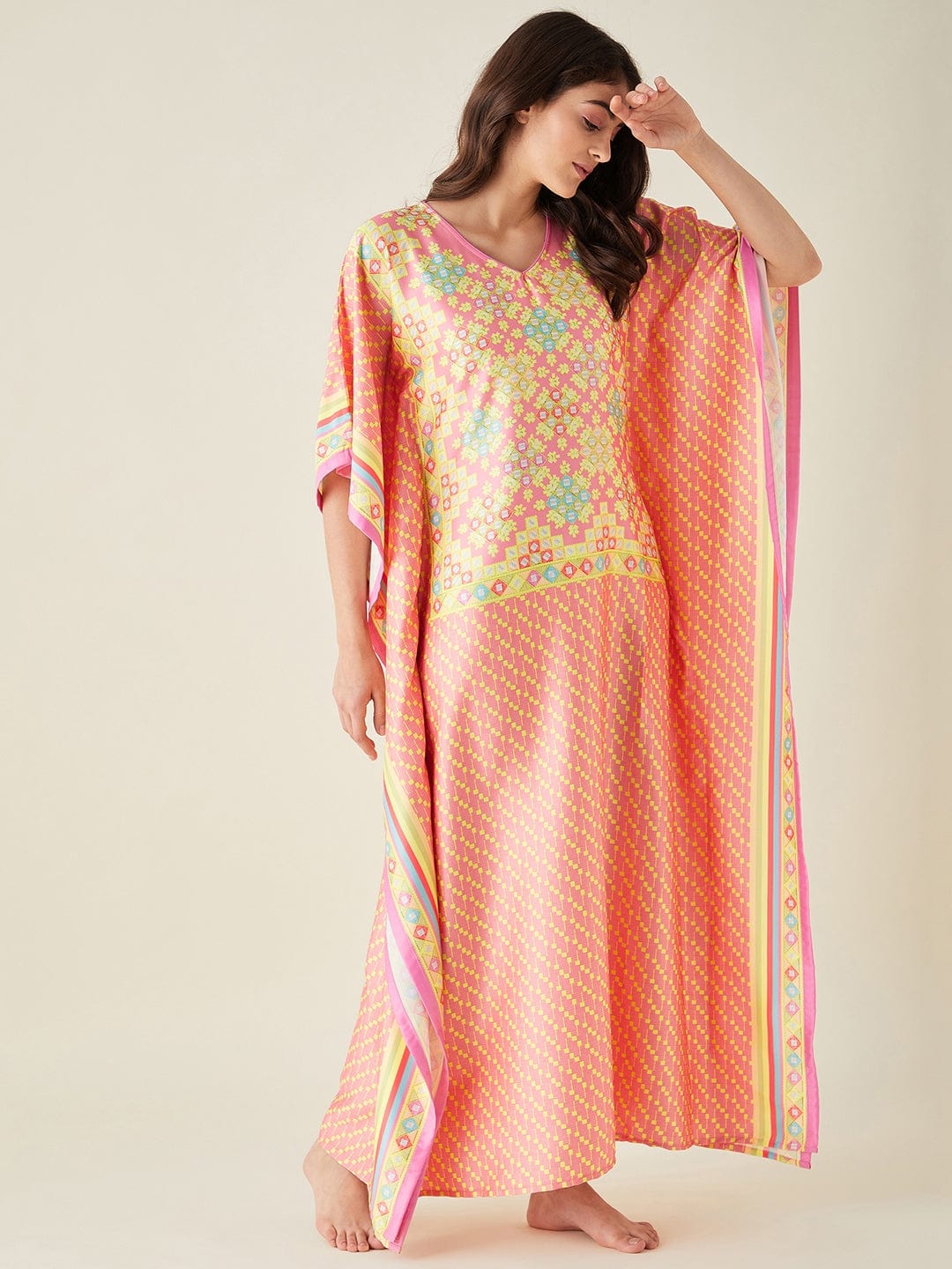 The Kaftan Company Kaftan Pink Geometric Printed Satin Kaftan