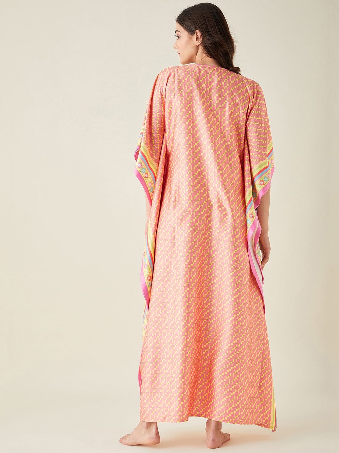 The Kaftan Company Kaftan Pink Geometric Printed Satin Kaftan