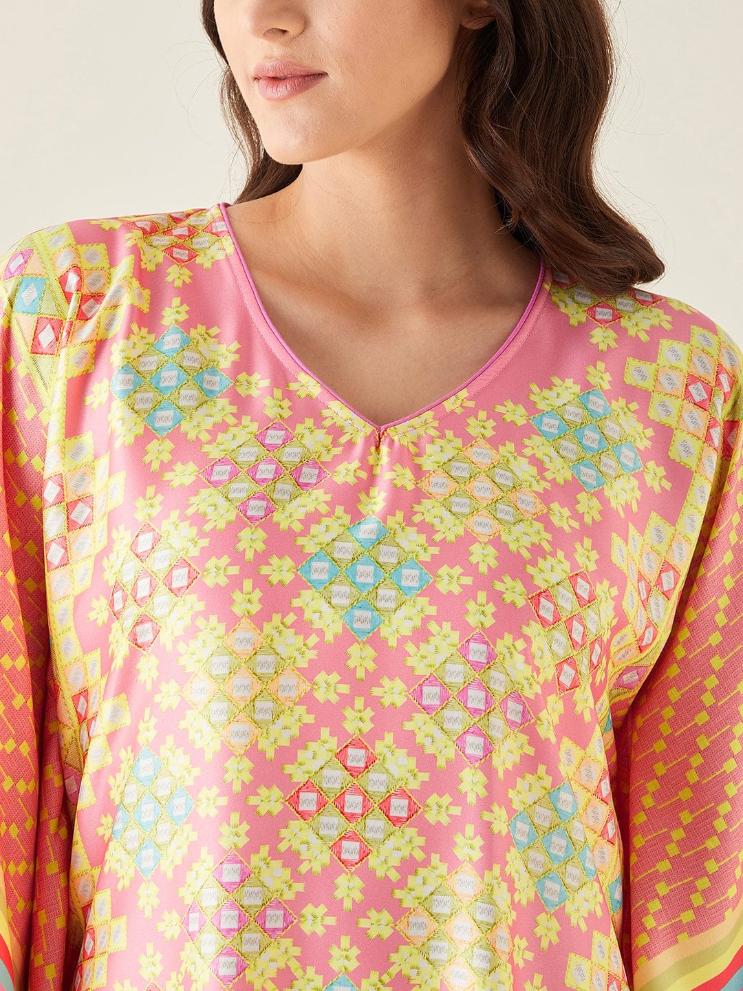The Kaftan Company Kaftan Pink Geometric Printed Satin Kaftan