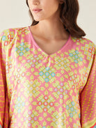 The Kaftan Company Kaftan Pink Geometric Printed Satin Kaftan