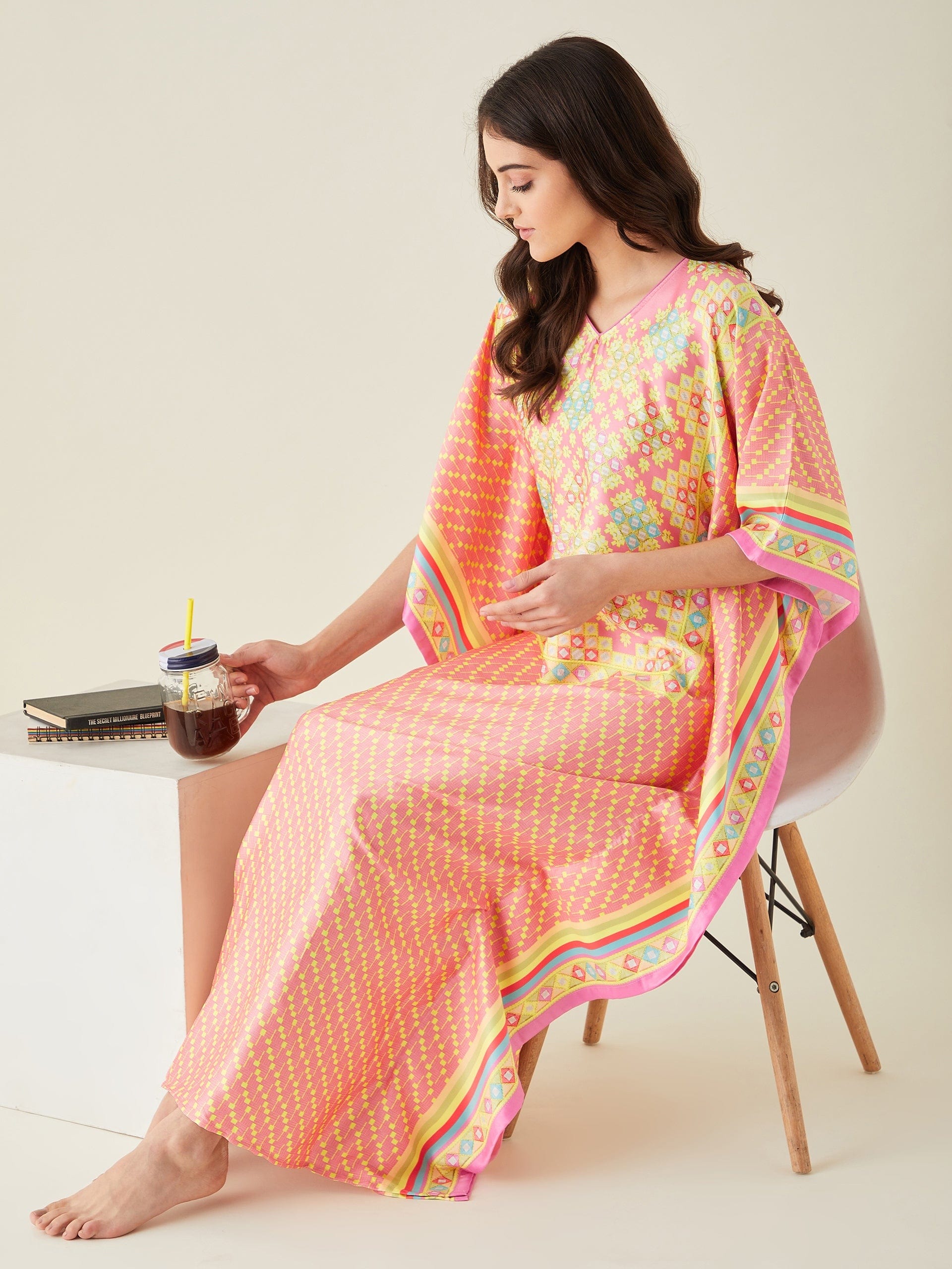 The Kaftan Company Kaftan Pink Geometric Printed Satin Kaftan