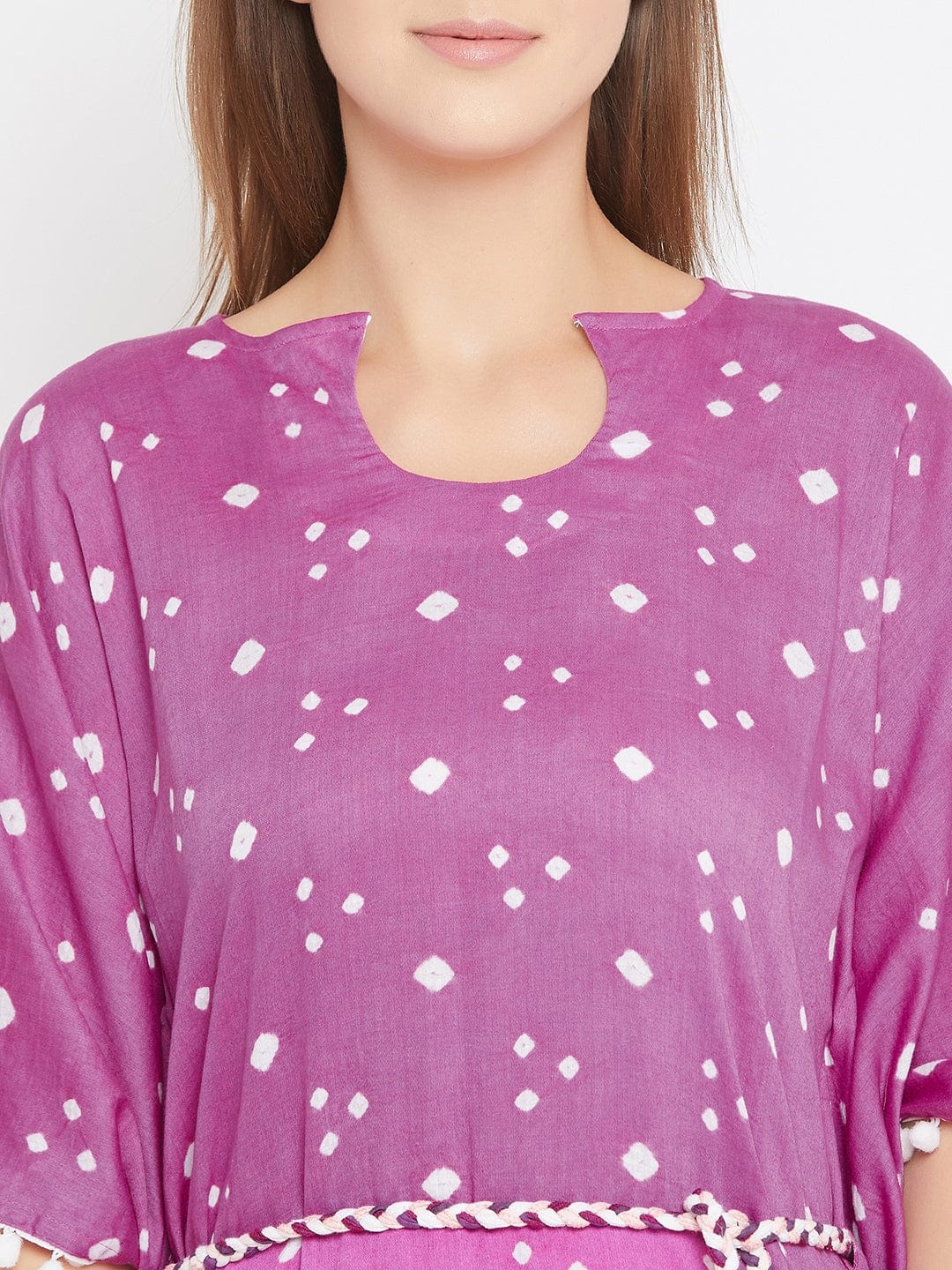 The Kaftan Company Kaftan Purple Bandhani Knee Length Kaftan with Pompom